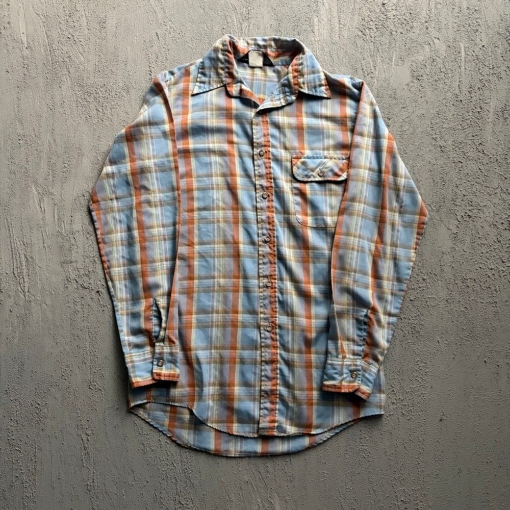 Vintage JCPenney Button Up Shirt Small Blue 1970s Plaid Long Sleeve